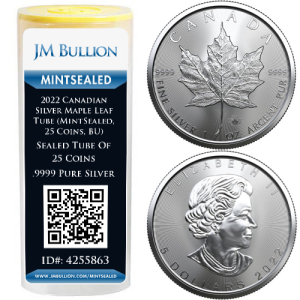2022 Canadian Silver Maple Leaf Tube (MintSealed, 25 Coins, BU)